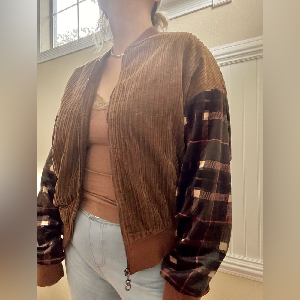 Brown Corduroy Jacket with Plaid Sleeves